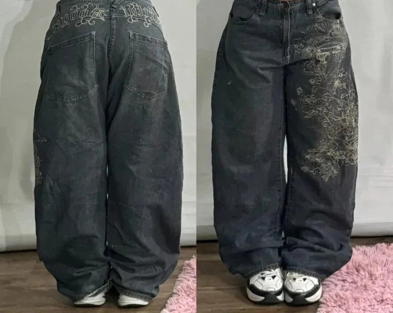 Ropa de calle, nueva moda, diseño grande, pantalones vaqueros holgados bordados para mujer Y2K Rock Hip Hop Retro Popular Casual, pantalones de pierna ancha de cintura alta