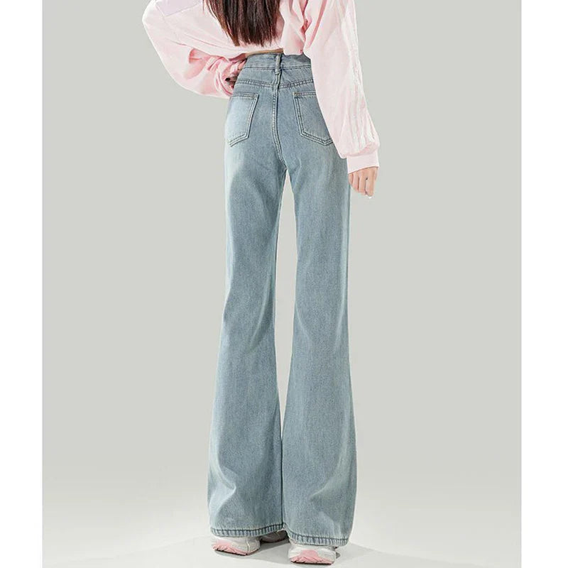 Ropa de calle femenina, pantalones vaqueros Retro de cintura baja, pantalones finos a la moda con parte inferior acampanada, pantalones vaqueros holgados coreanos para mujer