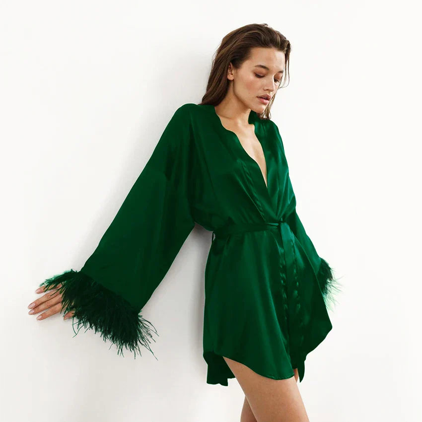 Albornoces de plumas de satén, minivestido Sexy de manga larga, batas holgadas para mujer, bata blanca, vestido de novia, vestidos de novia negros