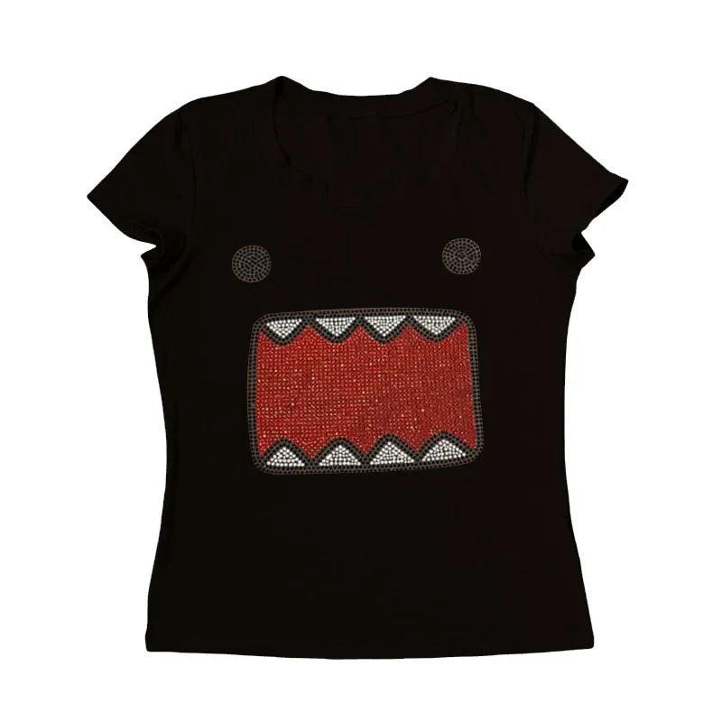 2025 verano nuevas mujeres Y2K chica Retro Hot Fix aplicación de diamantes de imitación cuello redondo Top camiseta divertida Vintage Tama Jun Top