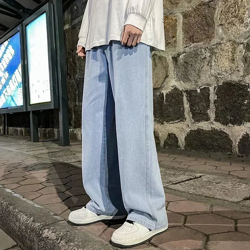 Ropa de calle de buena calidad, pantalones vaqueros sueltos para hombre, moda de estilo coreano, pantalones de pierna ancha rectos sueltos, ropa de marca para hombre, negro, azul claro
