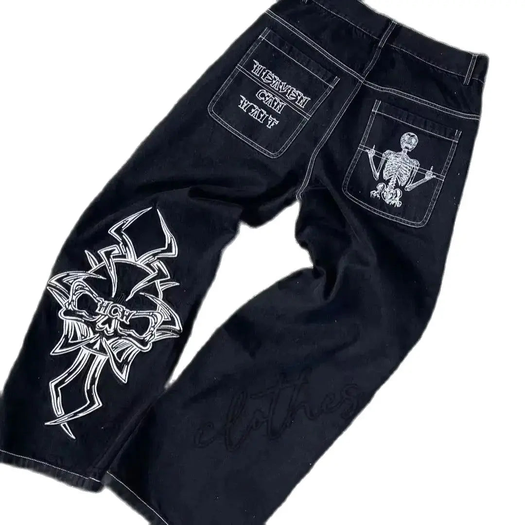 Vaqueros Vintage Y2K para hombre y mujer, ropa gótica de Hip Hop con bolsillo bordado, Vaqueros holgados Retro Azul, pantalones acampanados ajustados de cintura alta