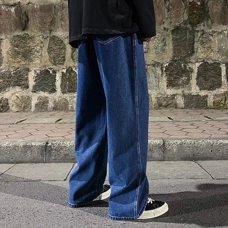 Ropa de calle de buena calidad, pantalones vaqueros sueltos para hombre, moda de estilo coreano, pantalones de pierna ancha rectos sueltos, ropa de marca para hombre, negro, azul claro