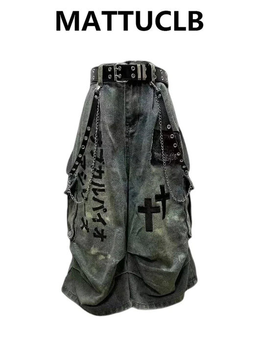 Verano Mujer Goblin Core Cross Denim Jorts Shorts Y2k hasta la pantorrilla Jean pantalones Trashy Y2K Abi japonés Cyber Punk Grunge Unisex