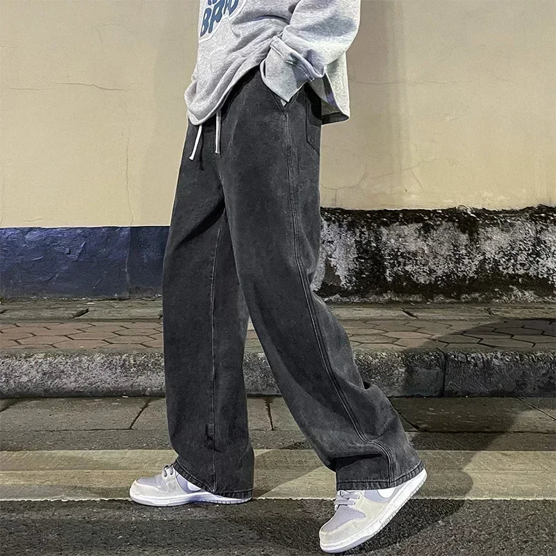 Ropa de calle de buena calidad, pantalones vaqueros sueltos para hombre, moda de estilo coreano, pantalones de pierna ancha rectos sueltos, ropa de marca para hombre, negro, azul claro