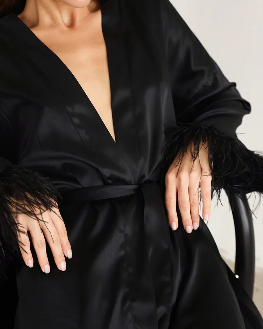 Albornoces de plumas de satén, minivestido Sexy de manga larga, batas holgadas para mujer, bata blanca, vestido de novia, vestidos de novia negros