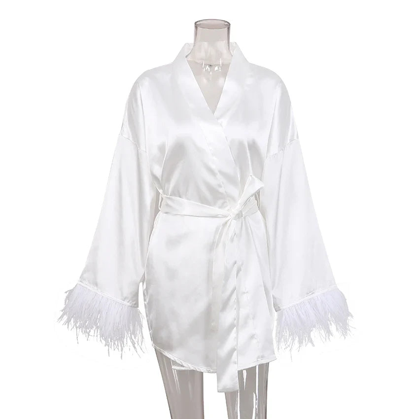 Albornoces de plumas de satén, minivestido Sexy de manga larga, batas holgadas para mujer, bata blanca, vestido de novia, vestidos de novia negros
