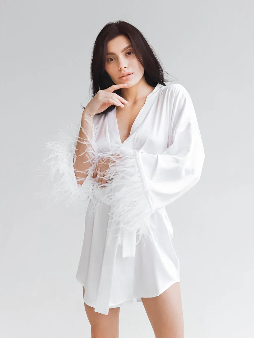 Albornoces de plumas de satén, minivestido Sexy de manga larga, batas holgadas para mujer, bata blanca, vestido de novia, vestidos de novia negros