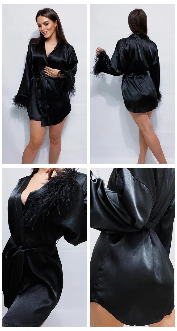 Albornoces de plumas de satén, minivestido Sexy de manga larga, batas holgadas para mujer, bata blanca, vestido de novia, vestidos de novia negros