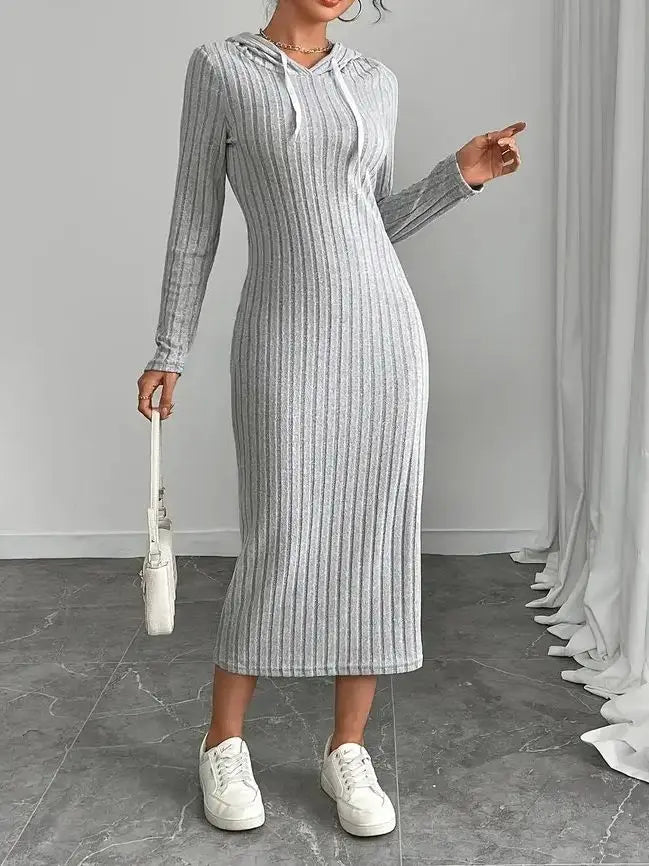 Vestido de punto acanalado de manga larga con capucha estilo casual para mujer - Vestido ajustado de longitud media y favorecedor de figuras de otoño 2025