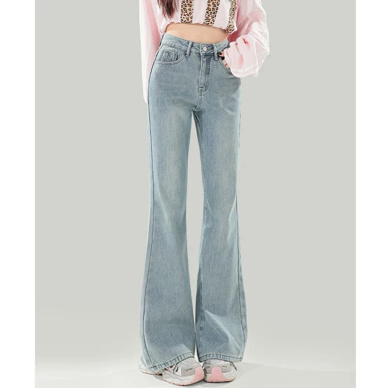 Ropa de calle femenina, pantalones vaqueros Retro de cintura baja, pantalones finos a la moda con parte inferior acampanada, pantalones vaqueros holgados coreanos para mujer