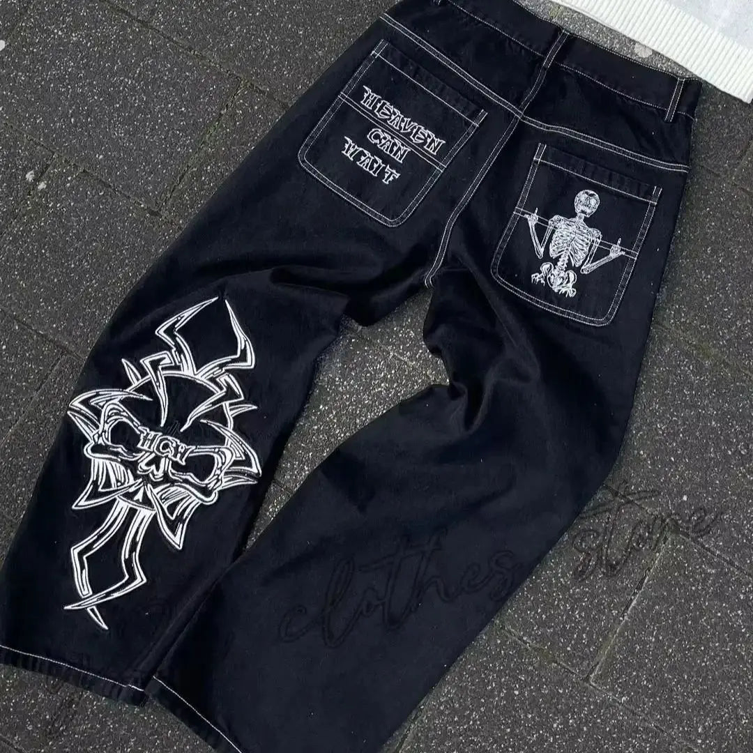 Vaqueros Vintage Y2K para hombre y mujer, ropa gótica de Hip Hop con bolsillo bordado, Vaqueros holgados Retro Azul, pantalones acampanados ajustados de cintura alta