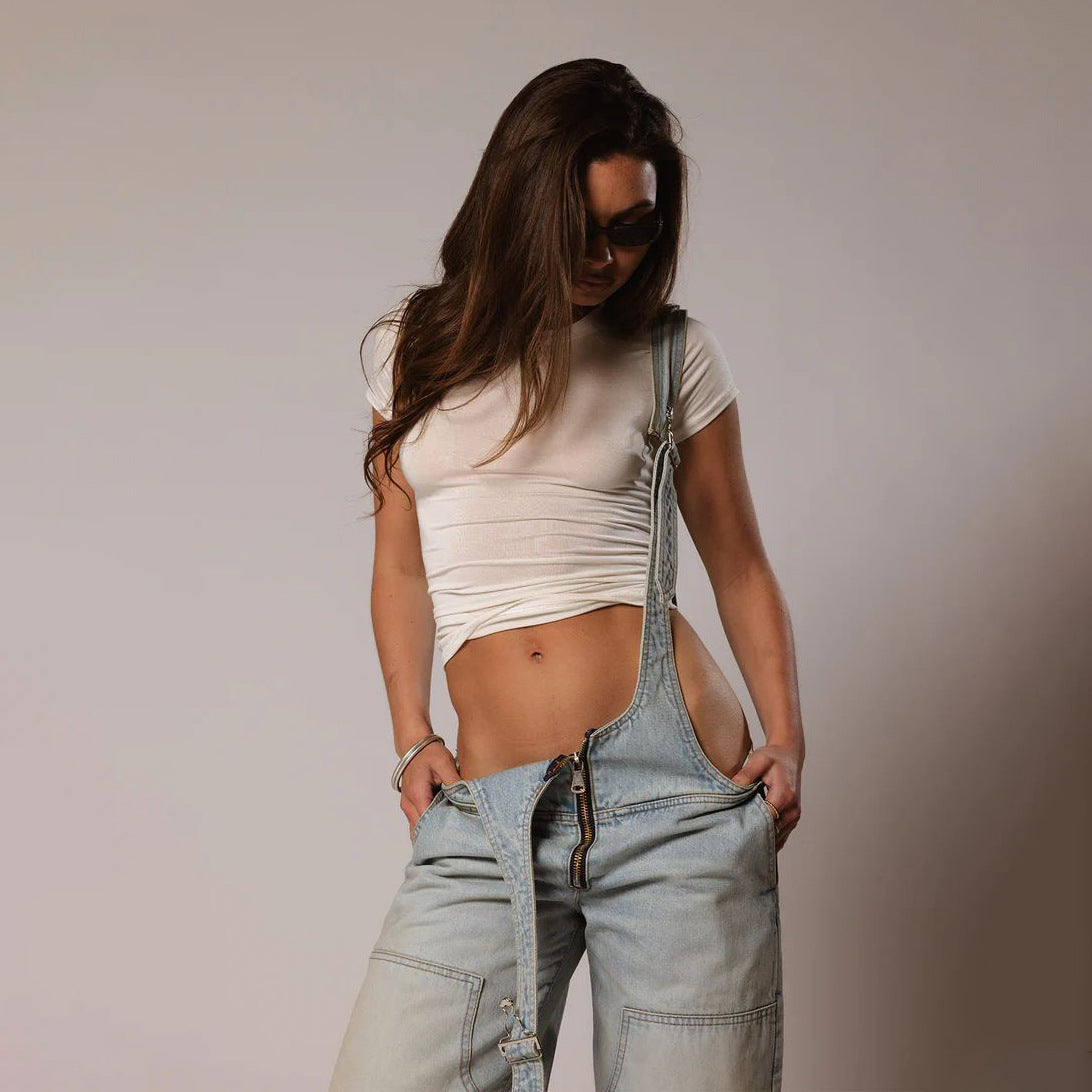 Monos vaqueros para mujer, monos sexys con espalda descubierta Vintage, Pantalones rectos de mezclilla de longitud completa, bolsillos sueltos, desgastados, lavados, informales