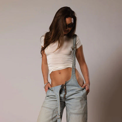 Monos vaqueros para mujer, monos sexys con espalda descubierta Vintage, Pantalones rectos de mezclilla de longitud completa, bolsillos sueltos, desgastados, lavados, informales