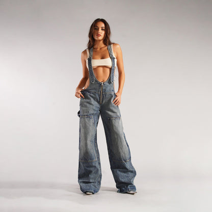 Monos vaqueros para mujer, monos sexys con espalda descubierta Vintage, Pantalones rectos de mezclilla de longitud completa, bolsillos sueltos, desgastados, lavados, informales