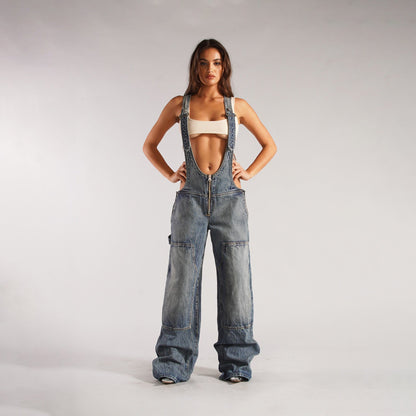 Monos vaqueros para mujer, monos sexys con espalda descubierta Vintage, Pantalones rectos de mezclilla de longitud completa, bolsillos sueltos, desgastados, lavados, informales