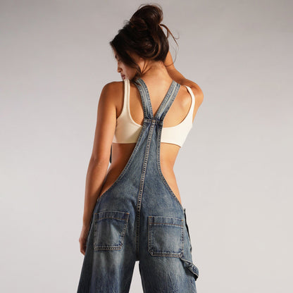 Monos vaqueros para mujer, monos sexys con espalda descubierta Vintage, Pantalones rectos de mezclilla de longitud completa, bolsillos sueltos, desgastados, lavados, informales
