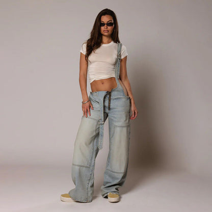 Monos vaqueros para mujer, monos sexys con espalda descubierta Vintage, Pantalones rectos de mezclilla de longitud completa, bolsillos sueltos, desgastados, lavados, informales