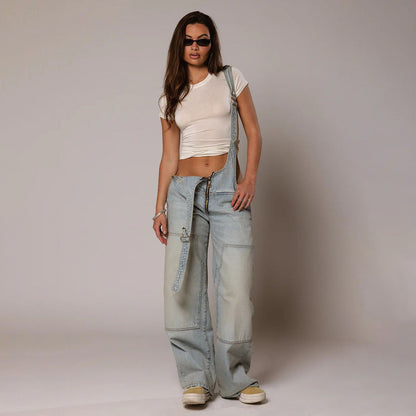 Monos vaqueros para mujer, monos sexys con espalda descubierta Vintage, Pantalones rectos de mezclilla de longitud completa, bolsillos sueltos, desgastados, lavados, informales