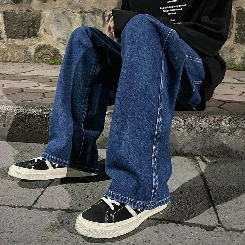 Ropa de calle de buena calidad, pantalones vaqueros sueltos para hombre, moda de estilo coreano, pantalones de pierna ancha rectos sueltos, ropa de marca para hombre, negro, azul claro