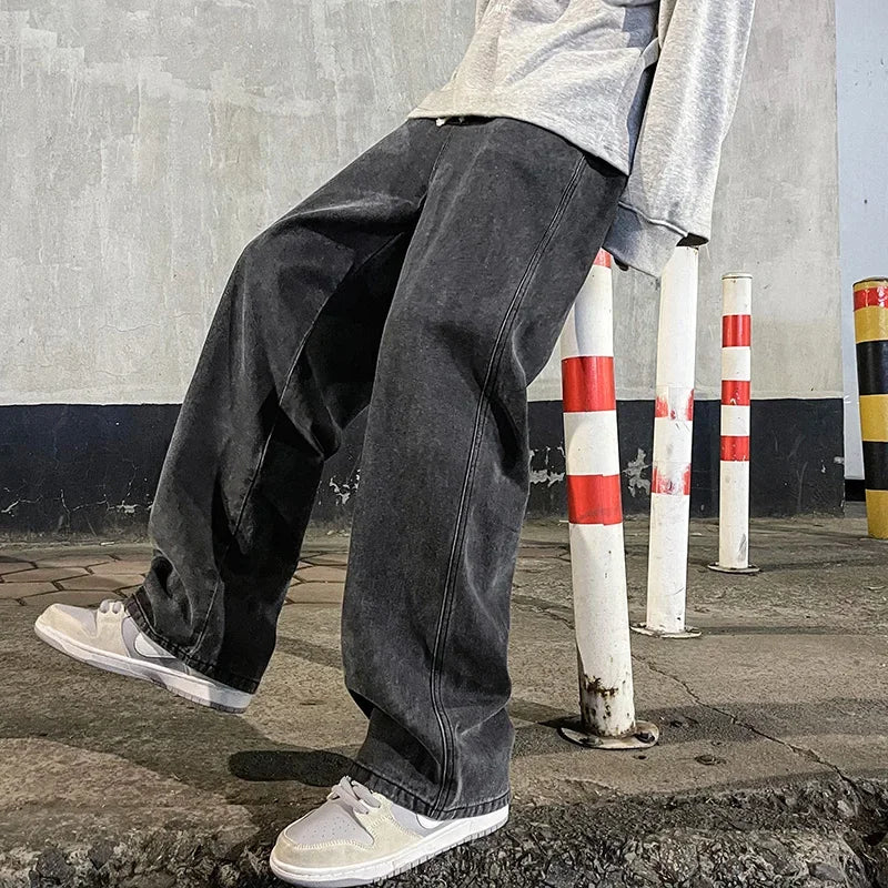 Ropa de calle de buena calidad, pantalones vaqueros sueltos para hombre, moda de estilo coreano, pantalones de pierna ancha rectos sueltos, ropa de marca para hombre, negro, azul claro