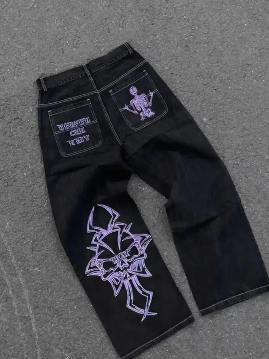 Vaqueros Vintage Y2K para hombre y mujer, ropa gótica de Hip Hop con bolsillo bordado, Vaqueros holgados Retro Azul, pantalones acampanados ajustados de cintura alta