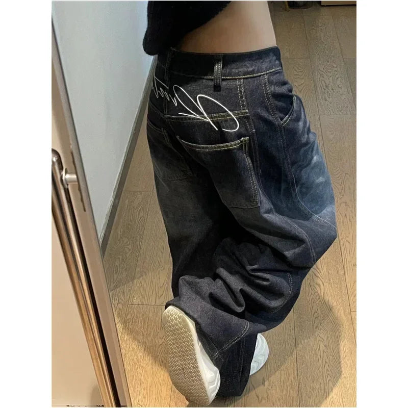 Pantalones vaqueros negros para mujer, cintura alta, diseño Vintage, Hip Hop, rectos, holgados, estilo callejero Y2K, pantalones vaqueros de pierna ancha de estilo americano