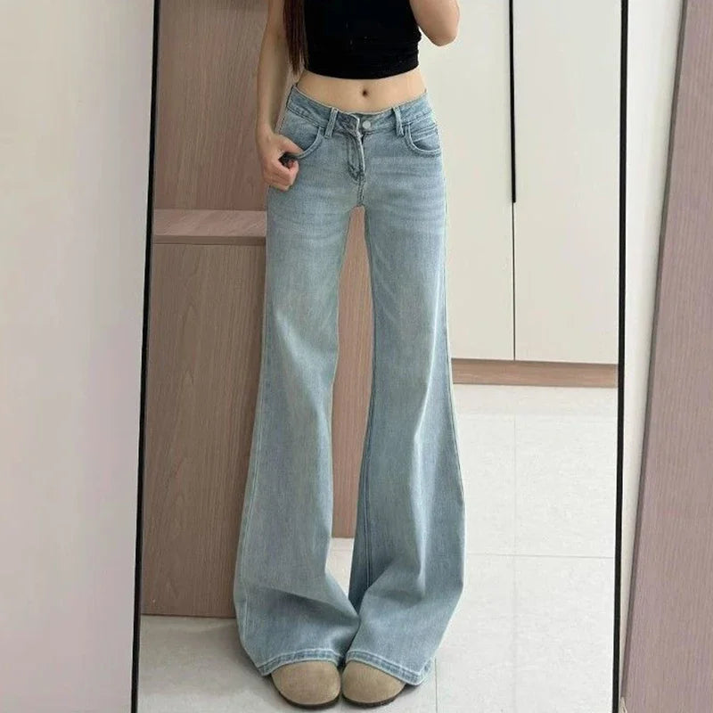 Ropa de calle femenina, pantalones vaqueros Retro de cintura baja, pantalones finos a la moda con parte inferior acampanada, pantalones vaqueros holgados coreanos para mujer