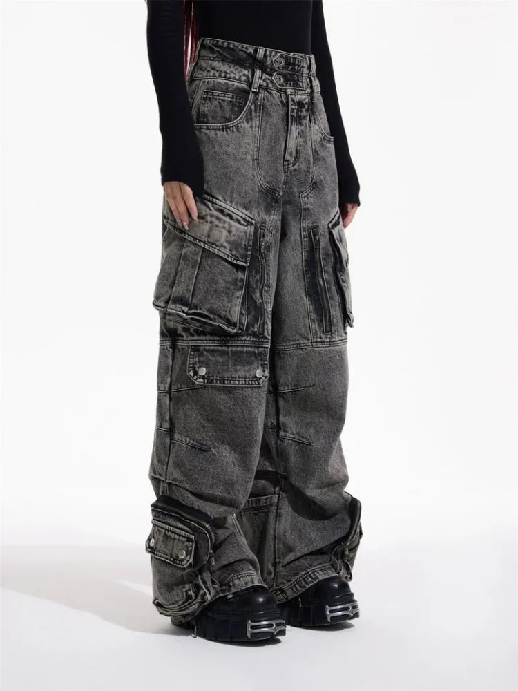 Trashy Y2K 2000S ropa de calle Vintage gris holgado plisado pantalones vaqueros Cargo para mujer ropa Multi bolsillos pantalones de pierna ancha para mujer