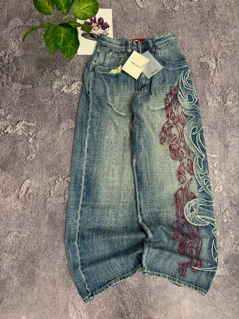 Ropa de calle, nueva moda, diseño grande, pantalones vaqueros holgados bordados para mujer Y2K Rock Hip Hop Retro Popular Casual, pantalones de pierna ancha de cintura alta