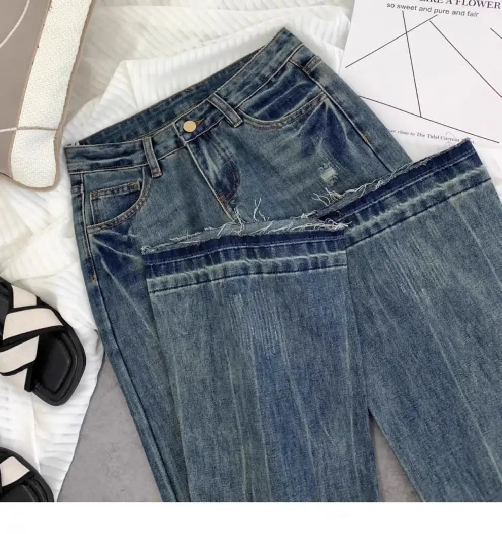 Vaqueros retro americanos de cintura baja para mujer, novedad de otoño, bordado, moda informal antigua, temperamento, pantalones ajustados con campana del Joker.
