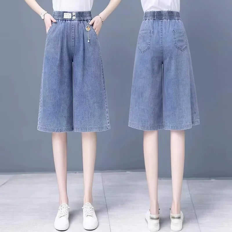Plones vaqueros de pierna ancha de cintura alta para mujer, novedad de verano, estilo fino, cinco-siete, sueltos, adeaz...