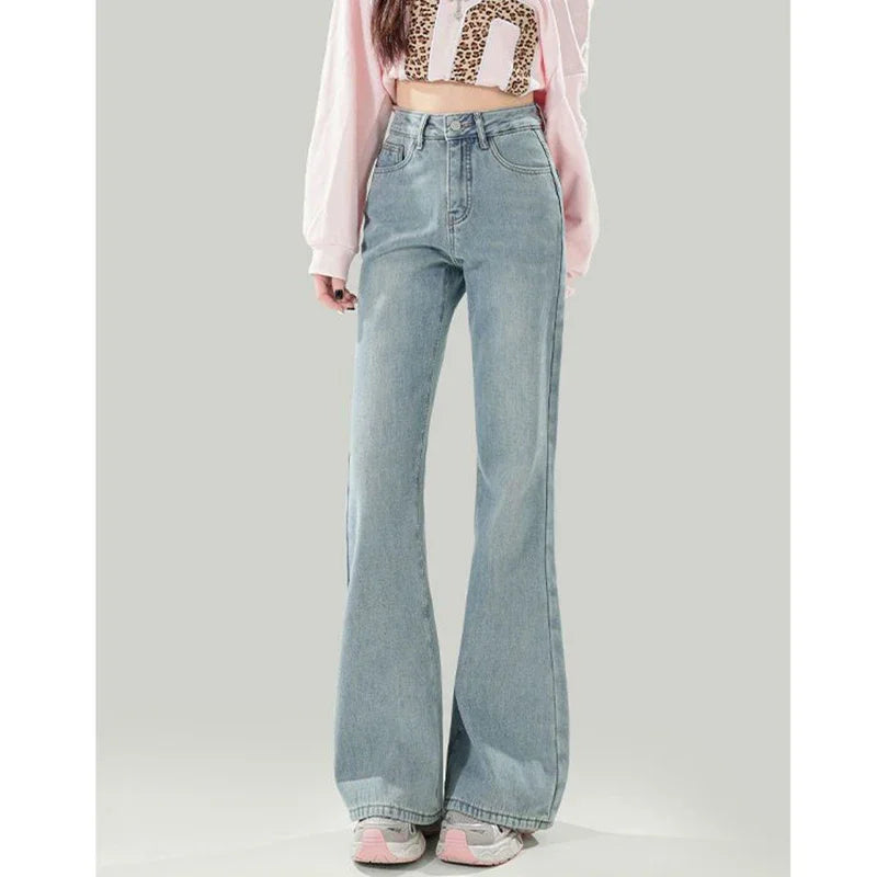 Ropa de calle femenina, pantalones vaqueros Retro de cintura baja, pantalones finos a la moda con parte inferior acampanada, pantalones vaqueros holgados coreanos para mujer