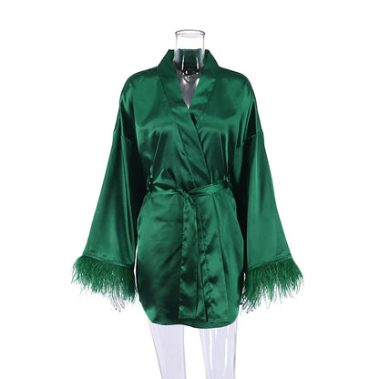 Albornoces de plumas de satén, minivestido Sexy de manga larga, batas holgadas para mujer, bata blanca, vestido de novia, vestidos de novia negros