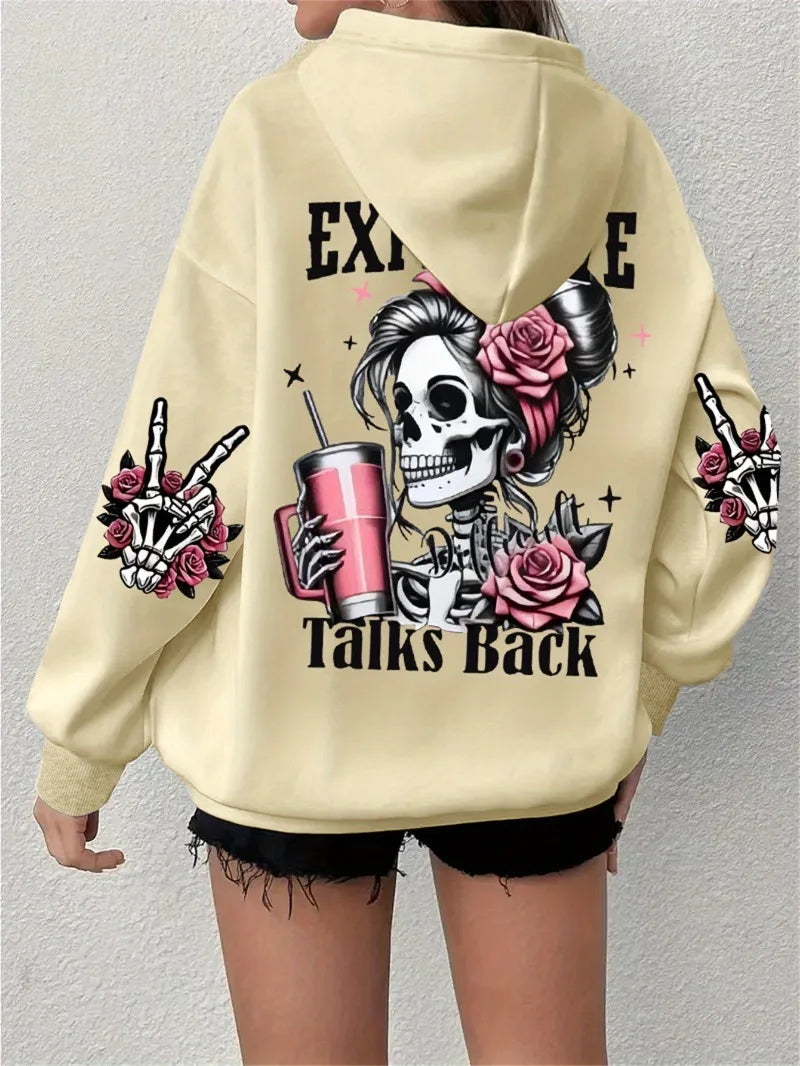 2025 Ropa deportiva de gran tamaño popular para otoño e invierno, sudadera con capucha de manga larga con estampado de calavera