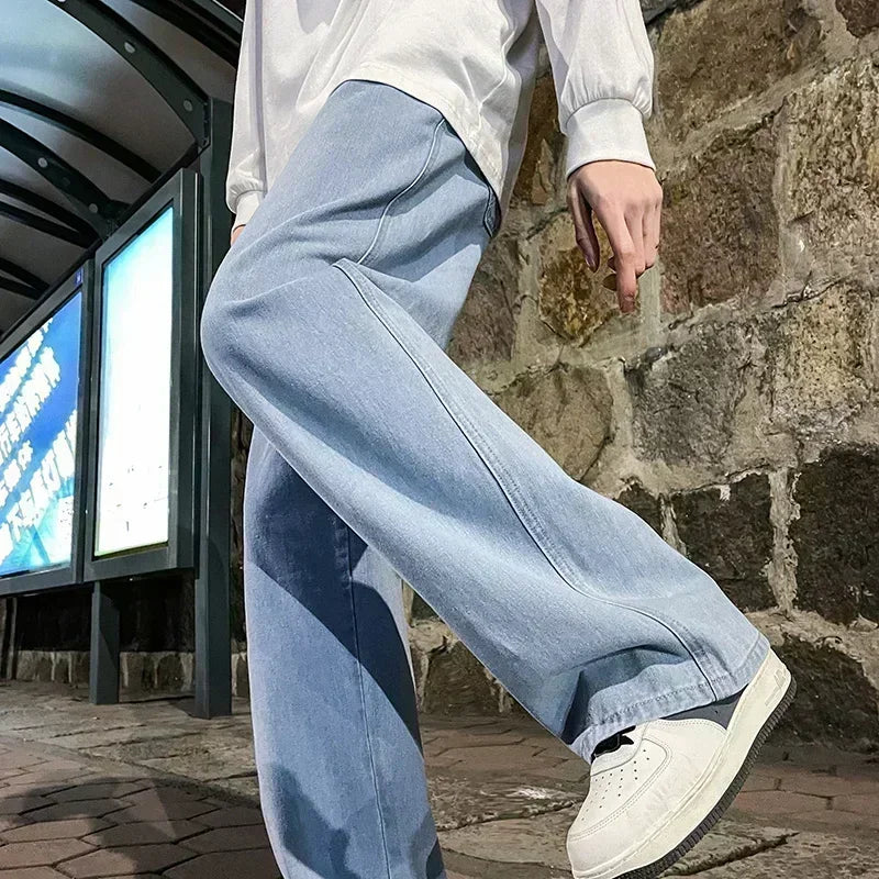 Ropa de calle de buena calidad, pantalones vaqueros sueltos para hombre, moda de estilo coreano, pantalones de pierna ancha rectos sueltos, ropa de marca para hombre, negro, azul claro