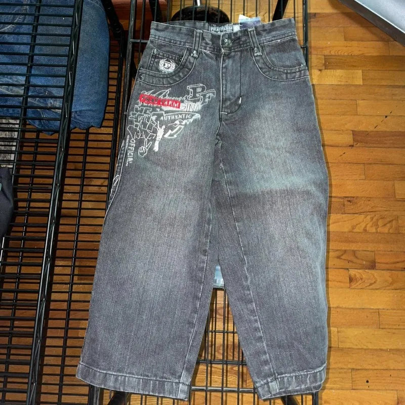 Vaqueros con estampado gótico Retro de Hip Hop americano para mujer Y2K, nueva venta de calle, pantalones de pierna ancha rectos sueltos, pantalones vaqueros Joker Unisex