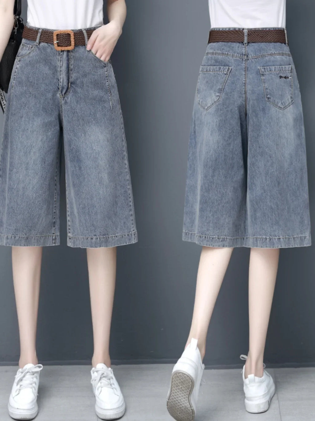 Plones vaqueros de pierna ancha de cintura alta para mujer, novedad de verano, estilo fino, cinco-siete, sueltos, adeaz...