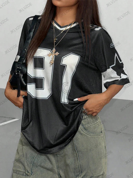 Novedad de verano, camiseta negra con estampado de velocidad 91 para mujer, camiseta de fútbol deportiva de manga corta con cuello en V y retazos, Tops holgados de gran tamaño Y2K