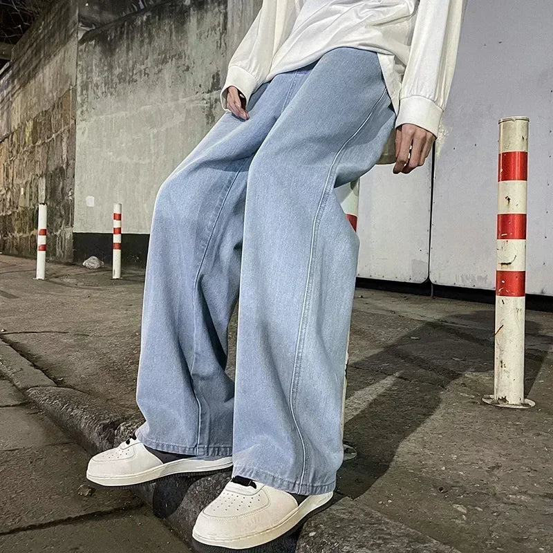 Ropa de calle de buena calidad, pantalones vaqueros sueltos para hombre, moda de estilo coreano, pantalones de pierna ancha rectos sueltos, ropa de marca para hombre, negro, azul claro