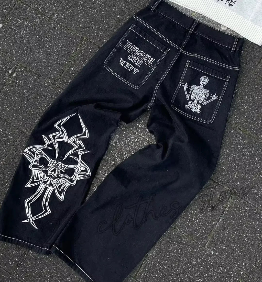 Vaqueros Vintage Y2K para hombre y mujer, ropa gótica de Hip Hop con bolsillo bordado, Vaqueros holgados Retro Azul, pantalones acampanados ajustados de cintura alta