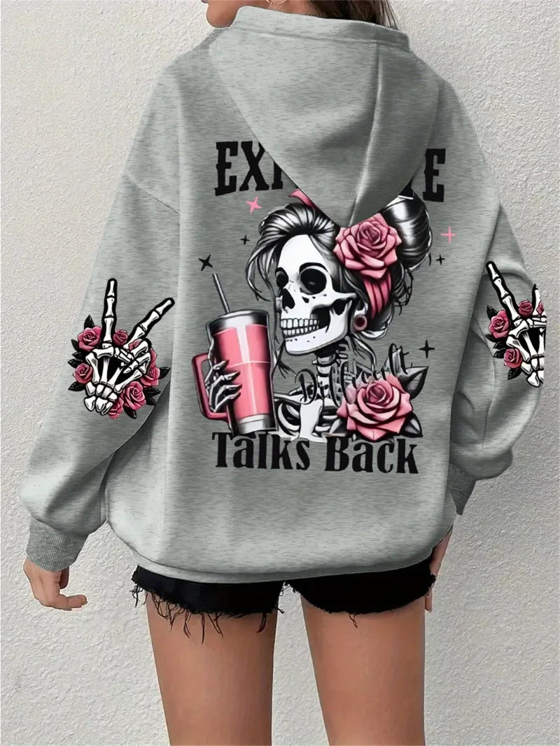 2025 Ropa deportiva de gran tamaño popular para otoño e invierno, sudadera con capucha de manga larga con estampado de calavera
