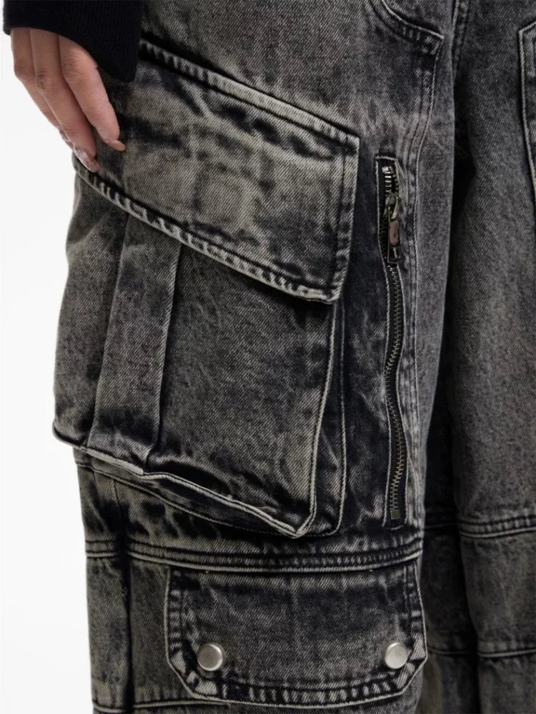 Trashy Y2K 2000S ropa de calle Vintage gris holgado plisado pantalones vaqueros Cargo para mujer ropa Multi bolsillos pantalones de pierna ancha para mujer