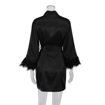 Albornoces de plumas de satén, minivestido Sexy de manga larga, batas holgadas para mujer, bata blanca, vestido de novia, vestidos de novia negros