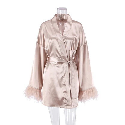 Albornoces de plumas de satén, minivestido Sexy de manga larga, batas holgadas para mujer, bata blanca, vestido de novia, vestidos de novia negros