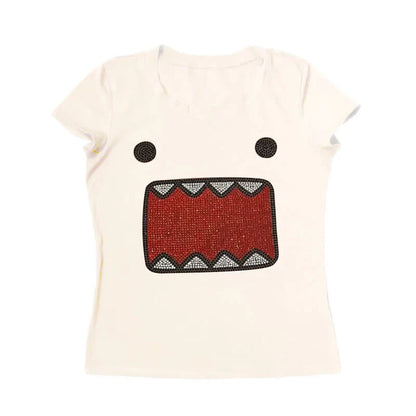 2025 verano nuevas mujeres Y2K chica Retro Hot Fix aplicación de diamantes de imitación cuello redondo Top camiseta divertida Vintage Tama Jun Top