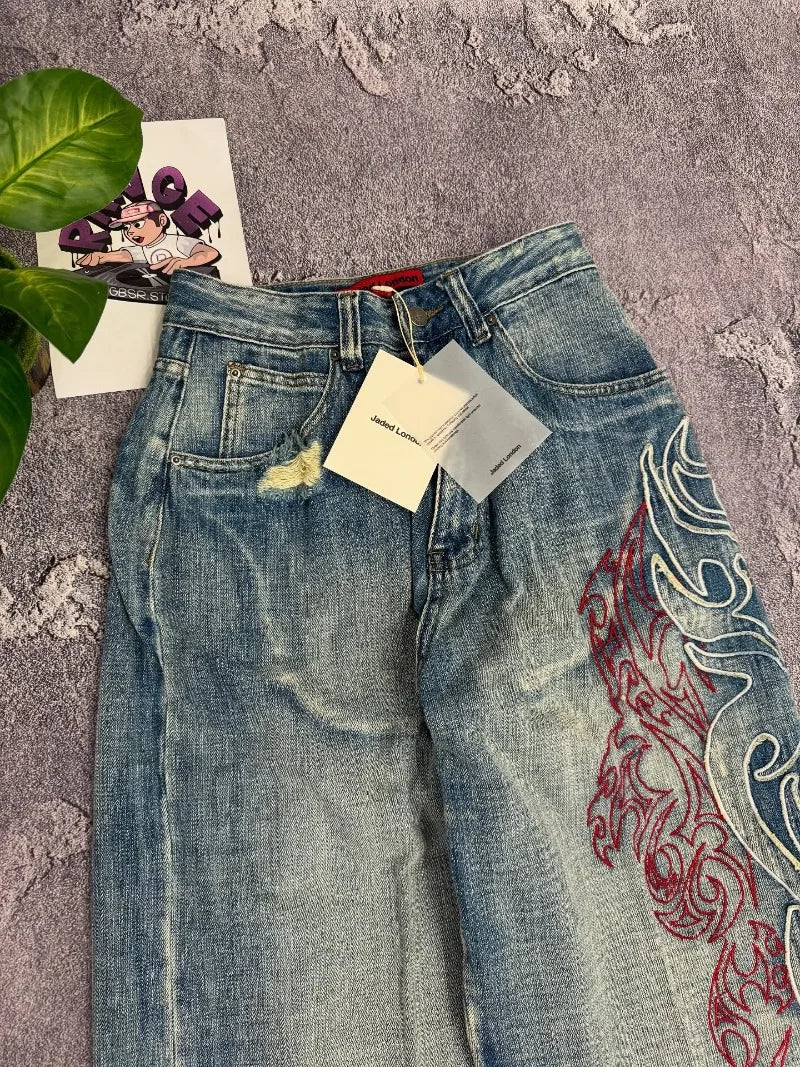 Ropa de calle, nueva moda, diseño grande, pantalones vaqueros holgados bordados para mujer Y2K Rock Hip Hop Retro Popular Casual, pantalones de pierna ancha de cintura alta