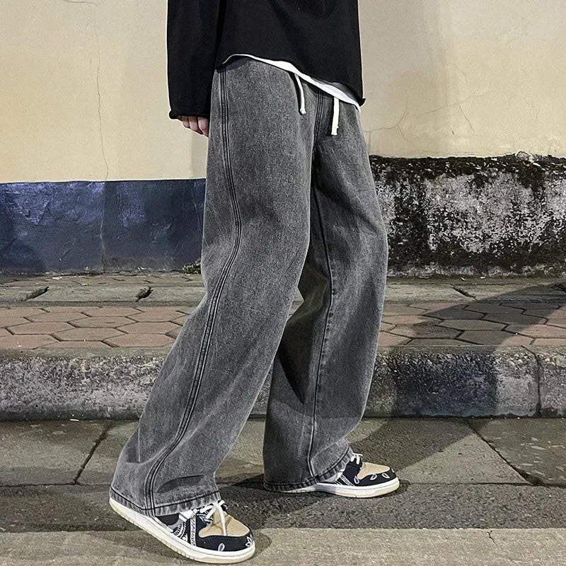 Ropa de calle de buena calidad, pantalones vaqueros sueltos para hombre, moda de estilo coreano, pantalones de pierna ancha rectos sueltos, ropa de marca para hombre, negro, azul claro