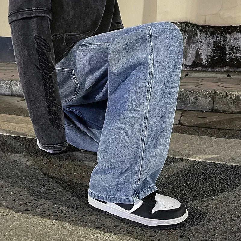Ropa de calle de buena calidad, pantalones vaqueros sueltos para hombre, moda de estilo coreano, pantalones de pierna ancha rectos sueltos, ropa de marca para hombre, negro, azul claro