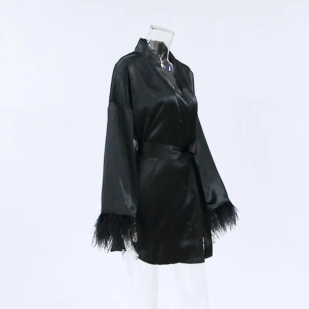 Albornoces de plumas de satén, minivestido Sexy de manga larga, batas holgadas para mujer, bata blanca, vestido de novia, vestidos de novia negros